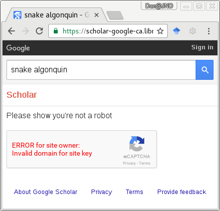 Screenshot of a broken RECAPTCHA preventing Google Scholar from working